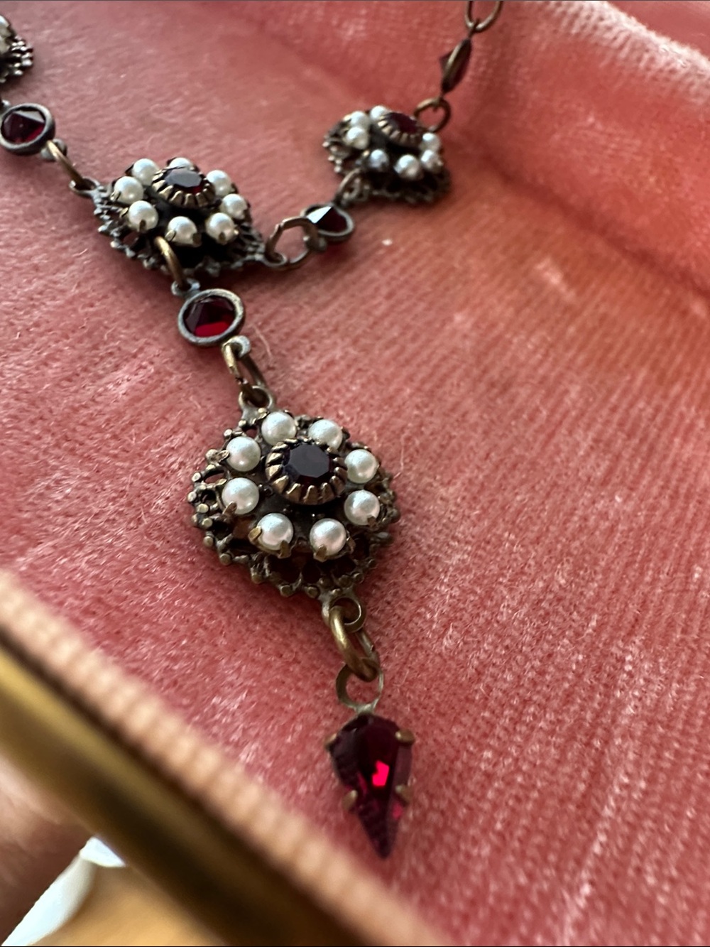 Bohemian Garnet & Pearl Rhinestone Lavaliere Necklace Vintage Victorian-Revival